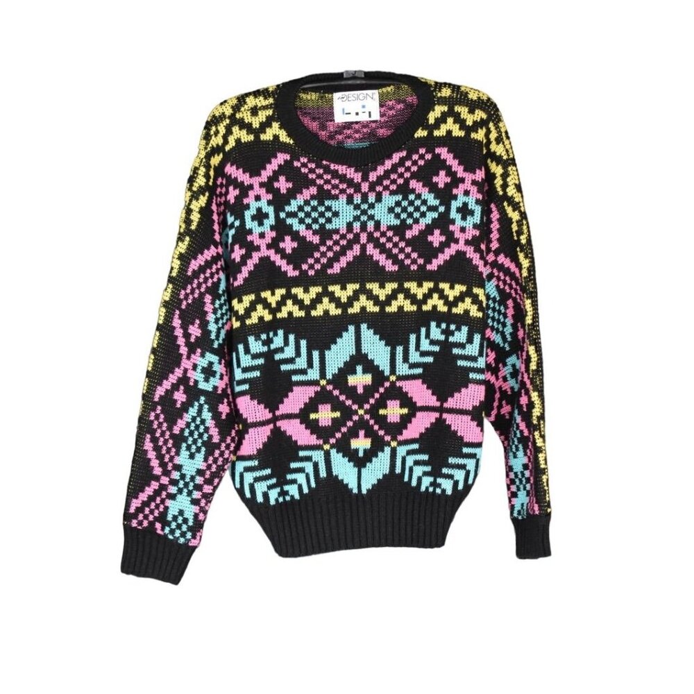 Vintage Women's In Design Black and Bright Pink Blue Yellow Geometric Over-size